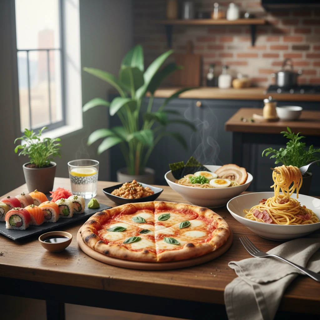 Ẩm thực quốc tế với pizza, pasta, sushi và ramen