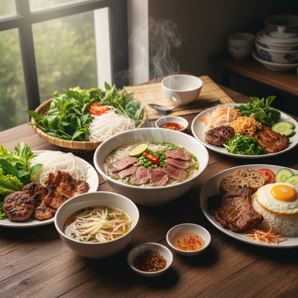 Ẩm thực Việt Nam với phở, bún chả, và cơm tấm
