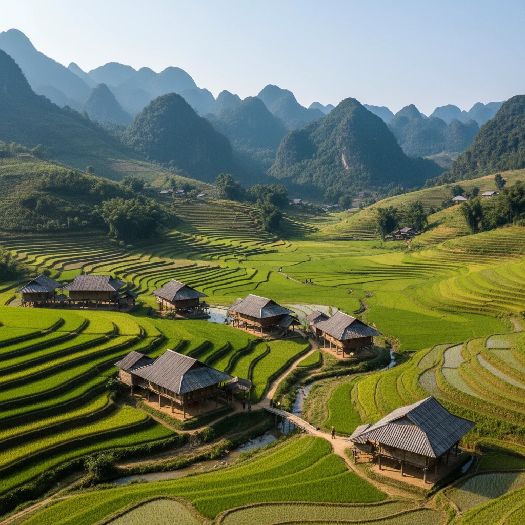 Ảnh chụp thung lũng Mai Châu với ruộng bậc thang