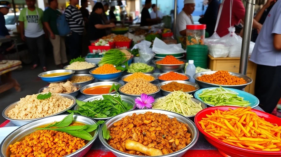 Bàn tiệc với đa dạng món ăn Việt Nam ở chợ Hồ Chí Minh.