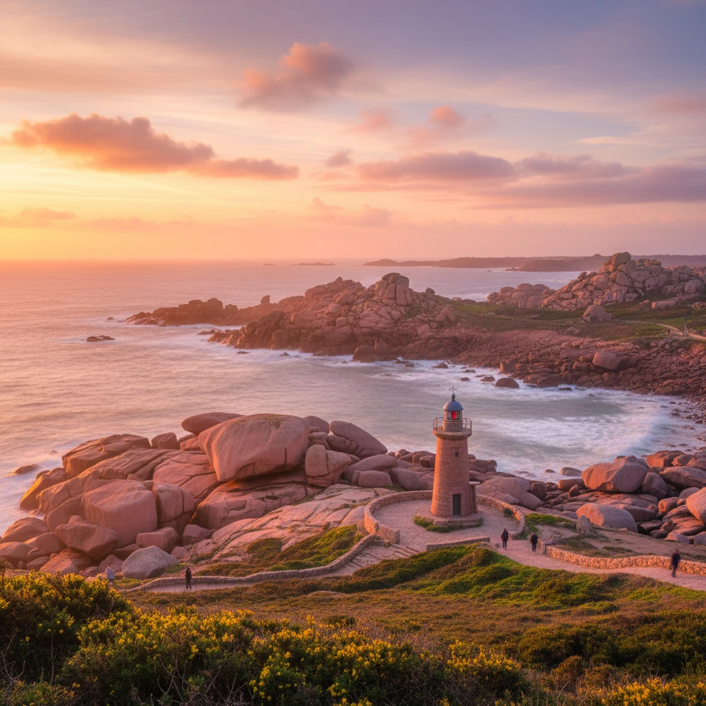 Bờ biển Granite Hồng tại Brittany, Pháp khi hoàng hôn.