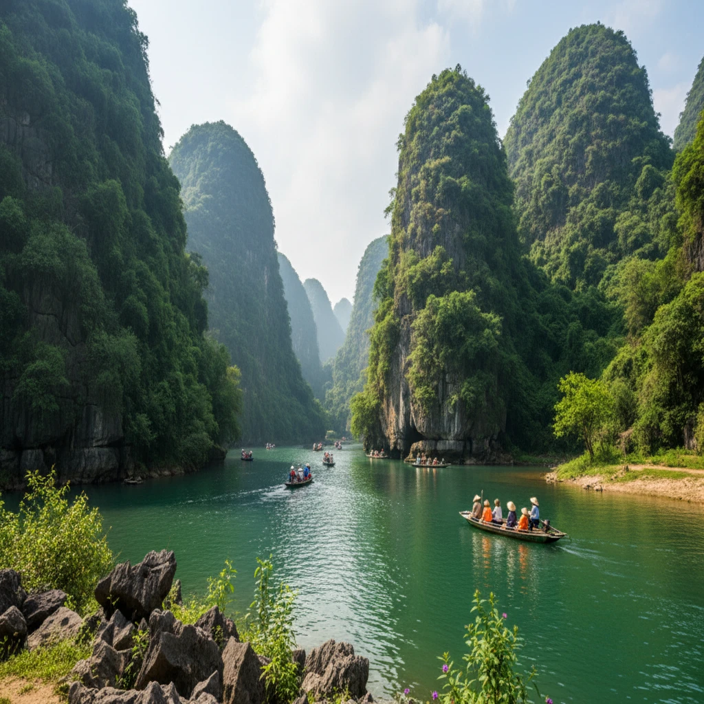 Cảnh quan thiên nhiên Tràng An với sông nước và đồi núi