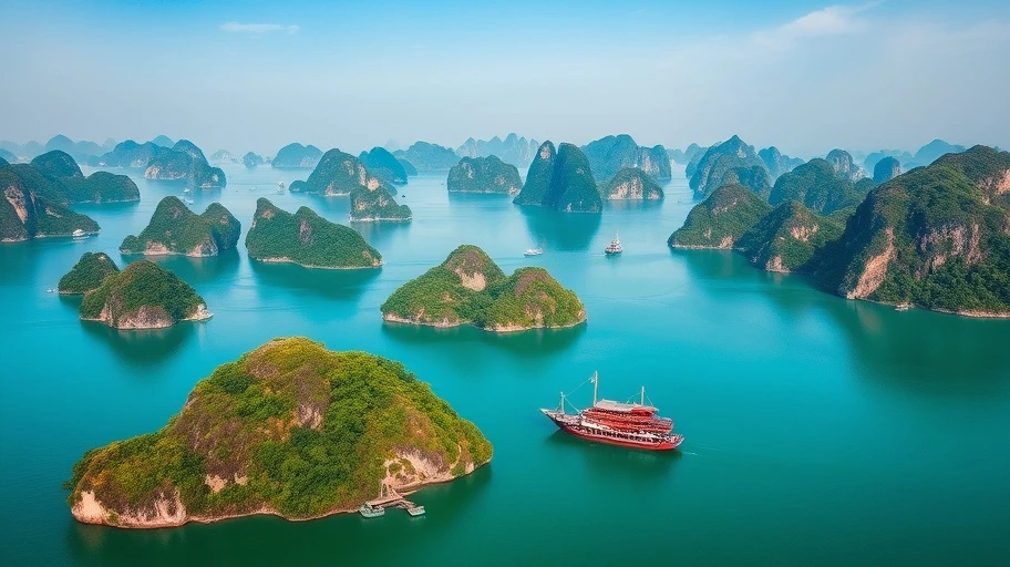 Cảnh quan Vịnh Hạ Long với hàng ngàn hòn đảo lớn nhỏ.