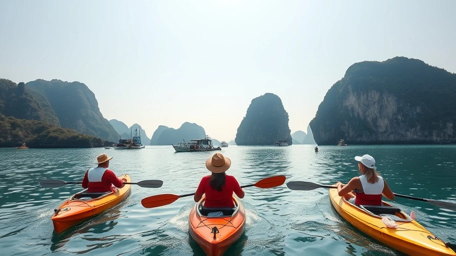 Chèo kayak tại vịnh Hạ Long hoạt động ngoài trời tháng 7