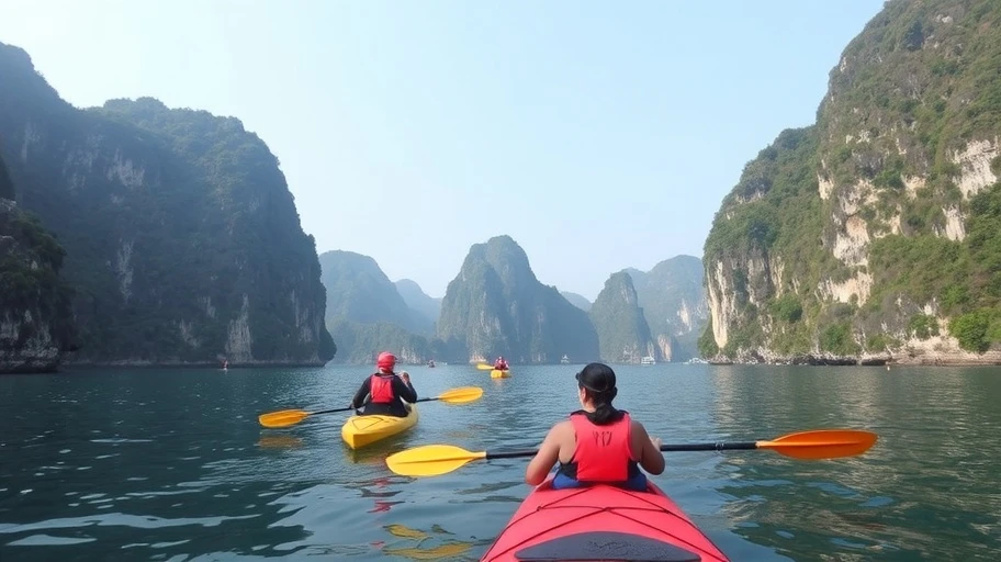 Chèo thuyền kayak ở vịnh Hạ Long với cảnh đẹp ngoạn mục.