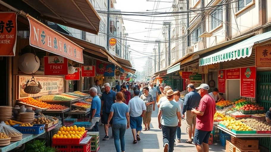 Chợ ẩm thực Việt Nam đầy màu sắc và nhộn nhịp.