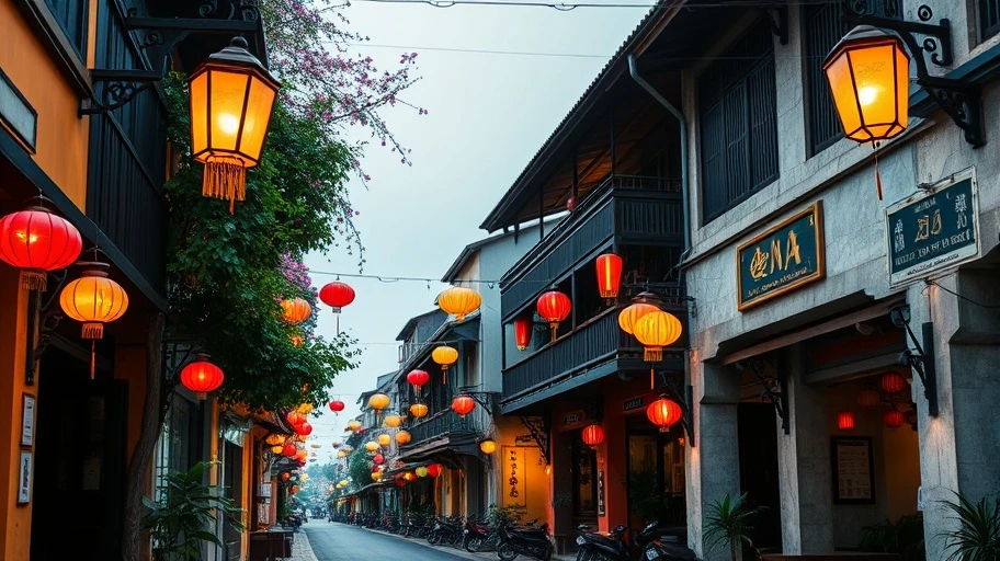 Con phố cổ Hội An với kiến trúc cổ và đèn lồng.