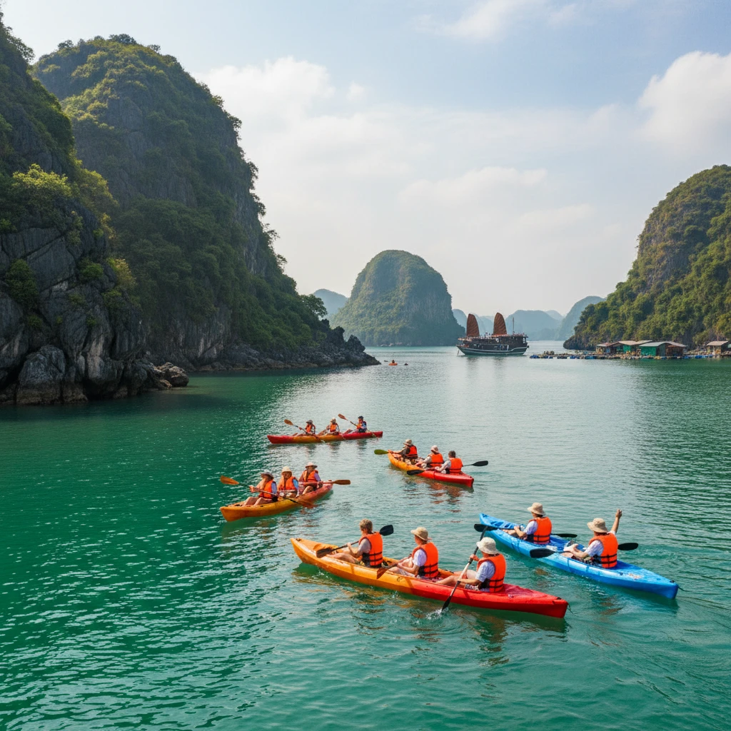 Du khách chèo thuyền kayak trên vịnh Lan Hạ