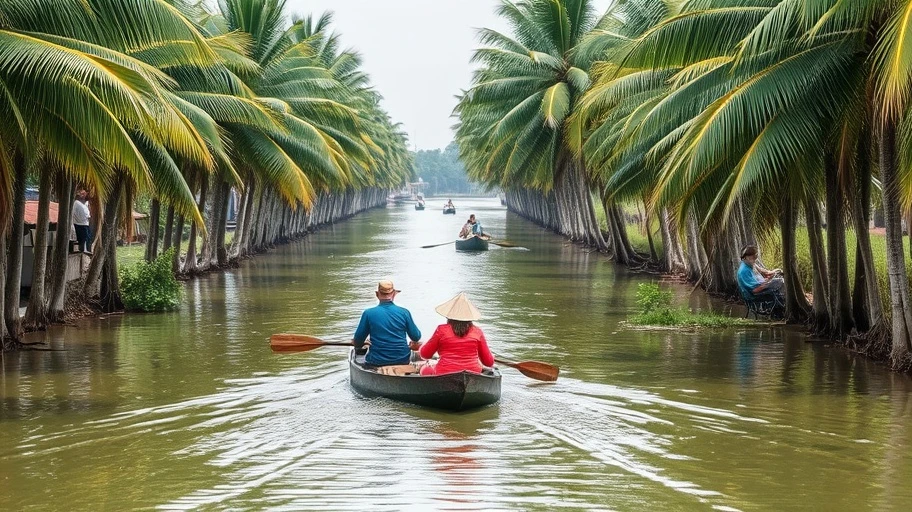 Du khách chèo thuyền qua kênh rạch dưới hàng dừa xanh Bến Tre