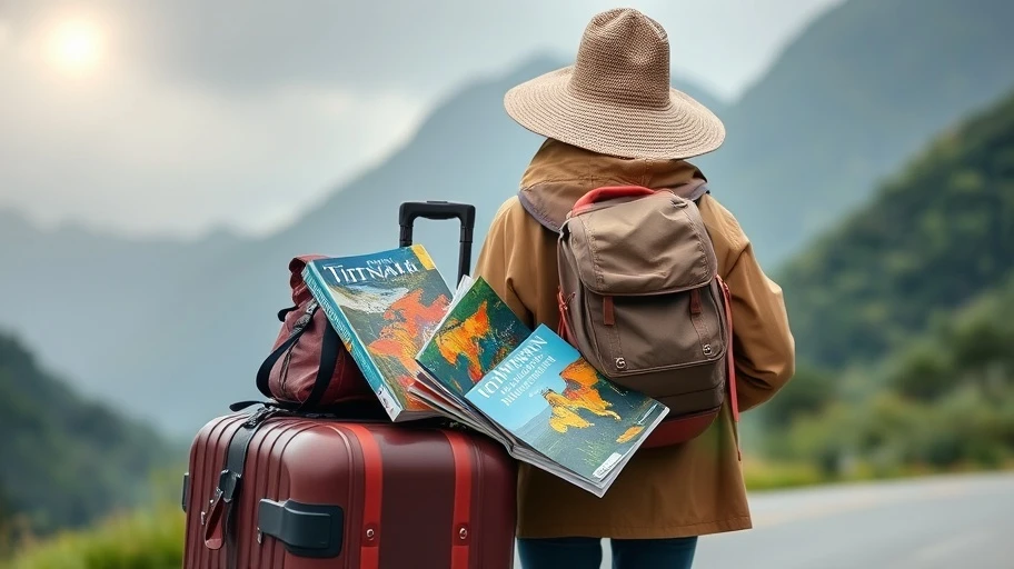 Du khách chuẩn bị hành lý với áo mưa và hướng dẫn du lịch