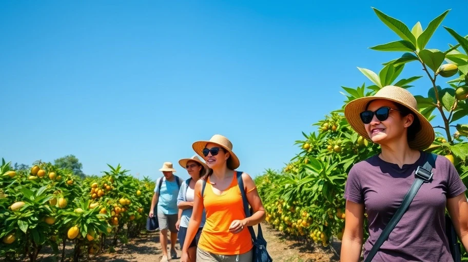 Du khách trong trang phục thoải mái tại vườn trái cây miền Tây.