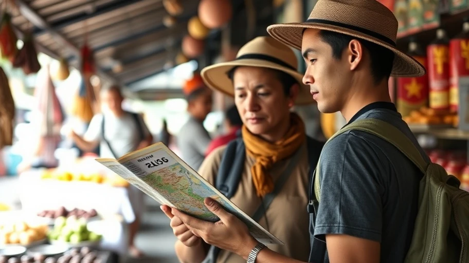 Du khách xem bản đồ và hướng dẫn tại chợ Việt Nam.