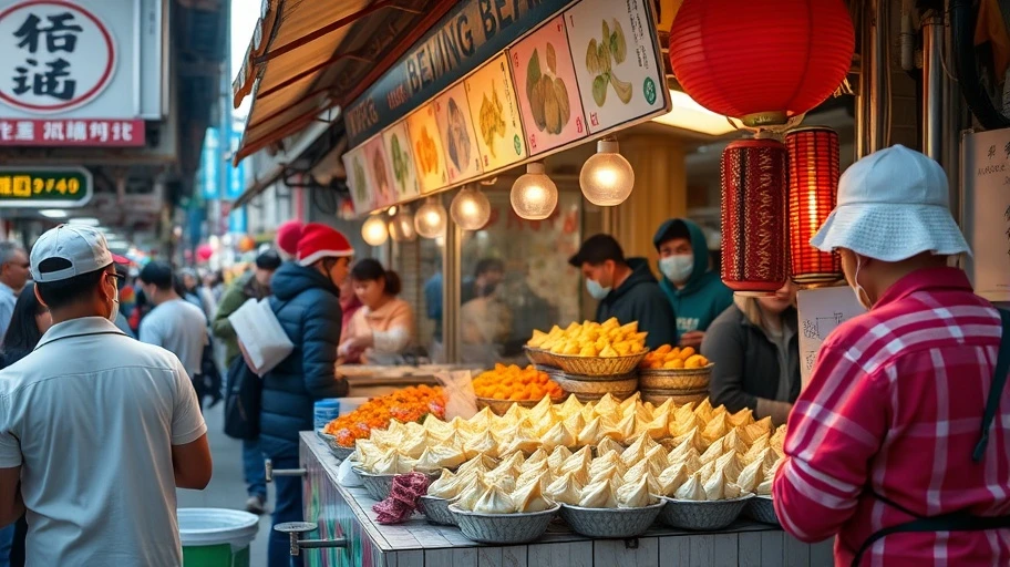 Hình ảnh ẩm thực đường phố đặc sắc ở Bắc Kinh với bánh bao và mì chua cay.