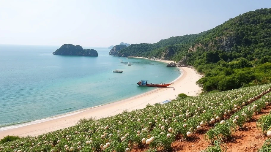 Hình ảnh đảo Ly Sơn với bãi biển và cánh đồng tỏi.