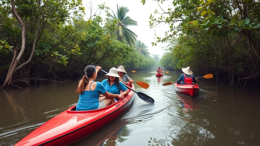 Hình ảnh du khách chèo thuyền kayak ở rừng ngập mặn.