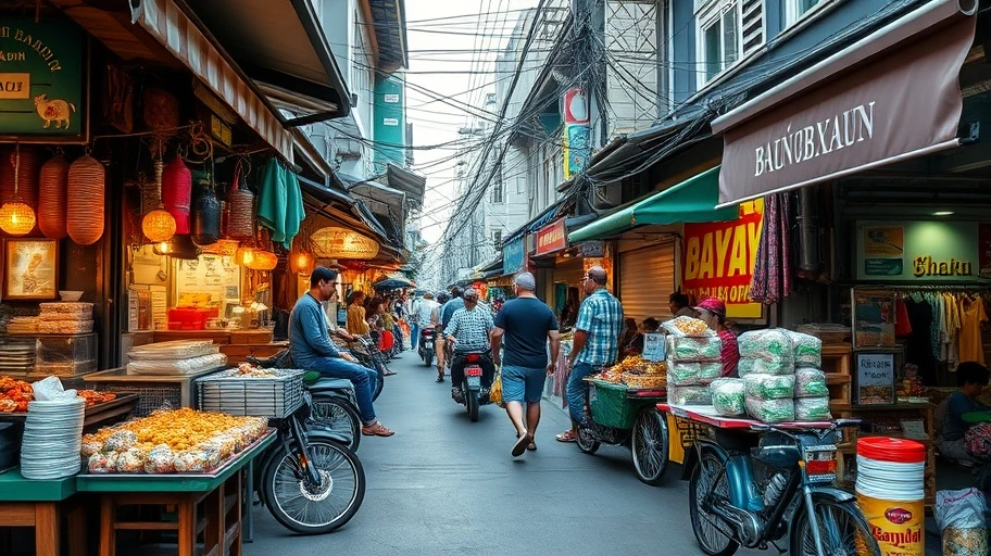 Hình ảnh đường phố Bangkok với văn hóa và ẩm thực địa phương.