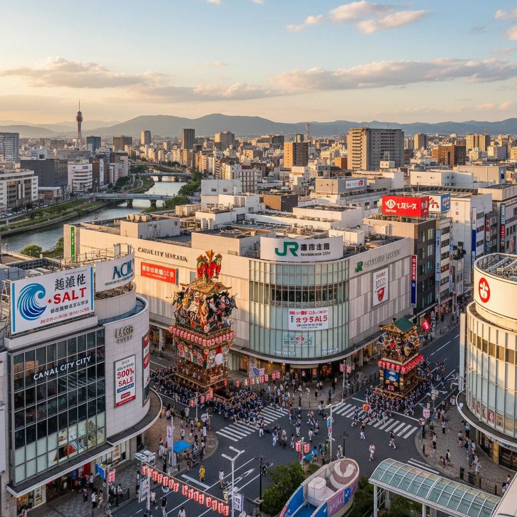 Hình ảnh Fukuoka với trung tâm mua sắm và lễ hội nổi tiếng.