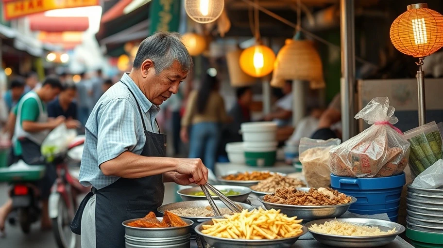 Hình ảnh quầy hàng ăn vặt với các món ăn truyền thống Việt Nam.