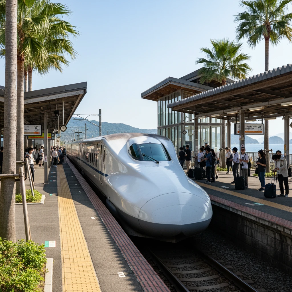 Hình ảnh tàu Shinkansen tại ga ở miền Nam Nhật Bản.