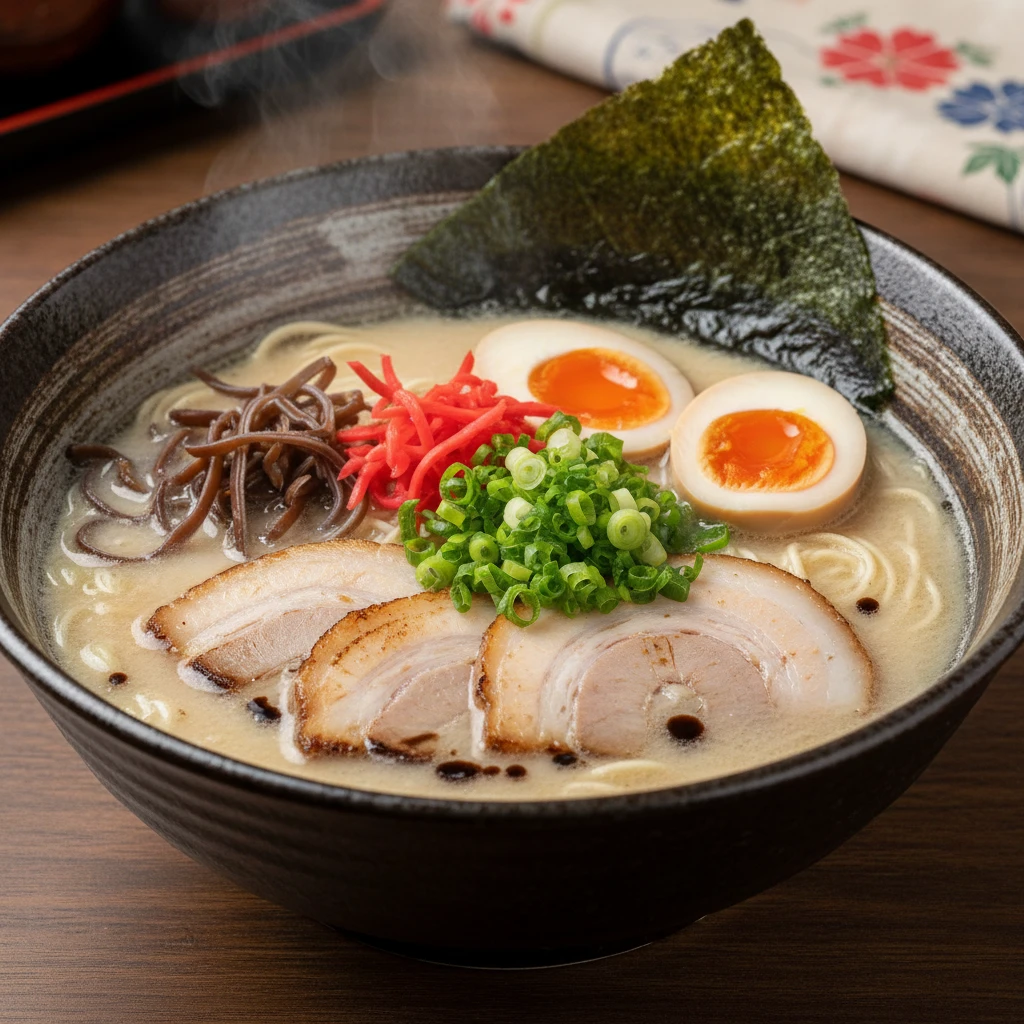 Hình ảnh tô ramen Tonkotsu đặc sản vùng Fukuoka.