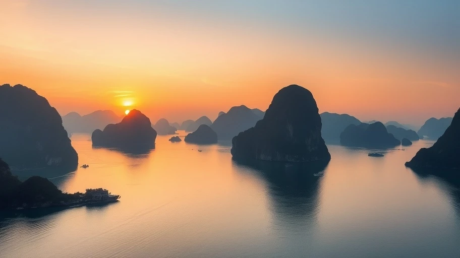 Hình ảnh Vịnh Hạ Long vào lúc bình minh.