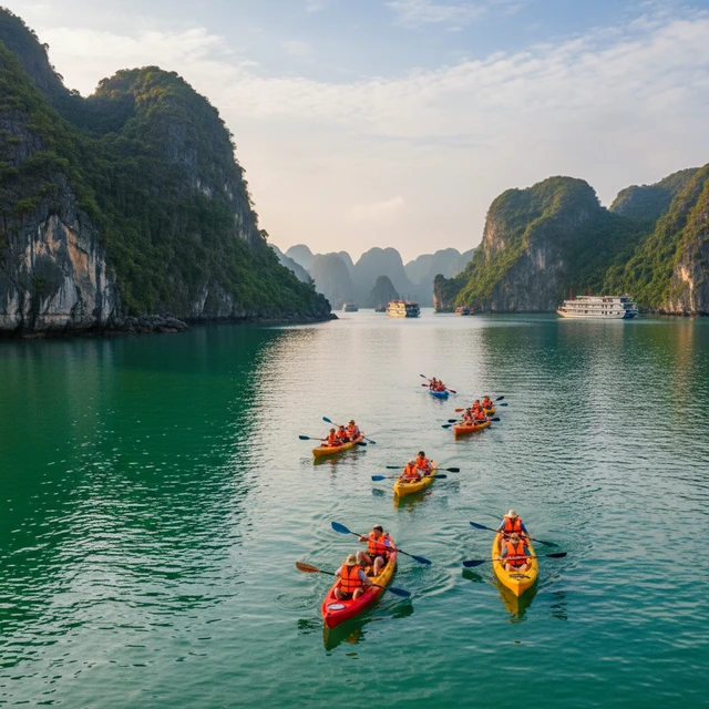 Hoạt động chèo thuyền kayak tại Vịnh Hạ Long.