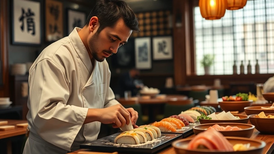 Japanese chef crafting sushi in an authentic setting.