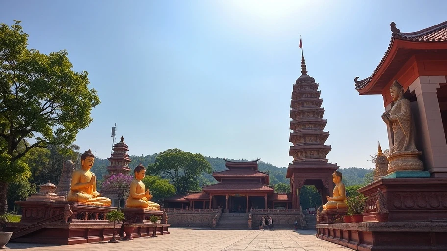 Khung cảnh chùa Bái Đính với tượng Đức Phật lớn.