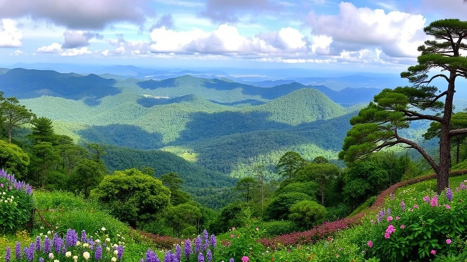Khung cảnh Đà Lạt với những vườn hoa và rừng thông.