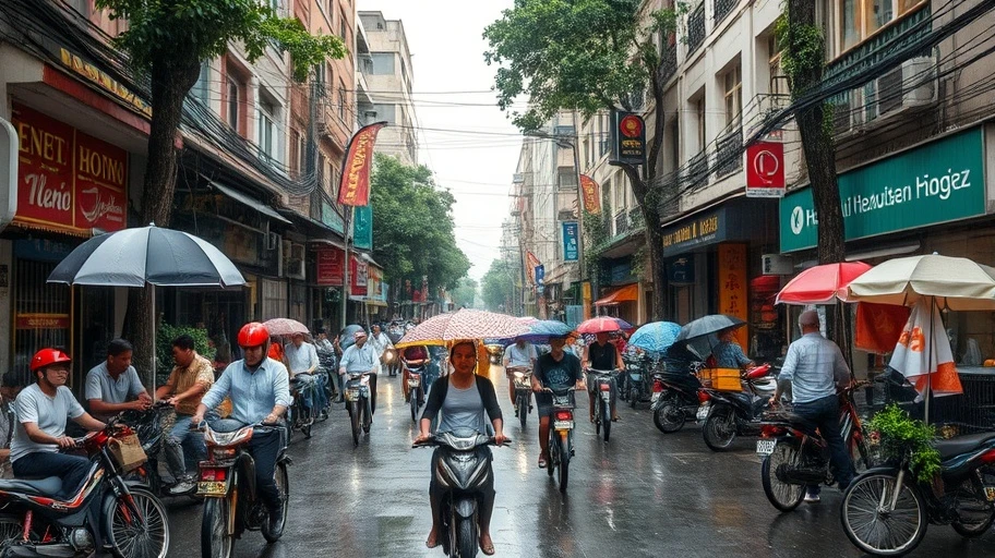 Khung cảnh Hà Nội tháng 8 với cơn mưa và cuộc sống đường phố.