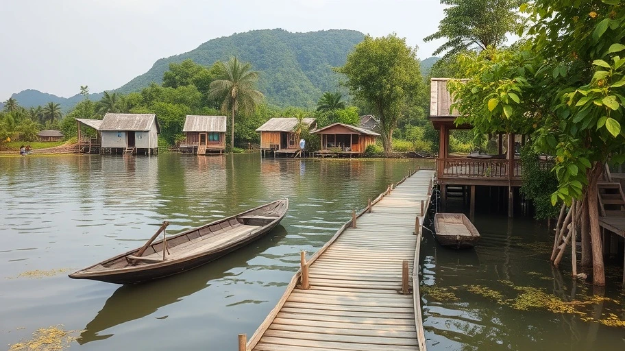 Làng nổi Tân Lập với đường gỗ và cây xanh