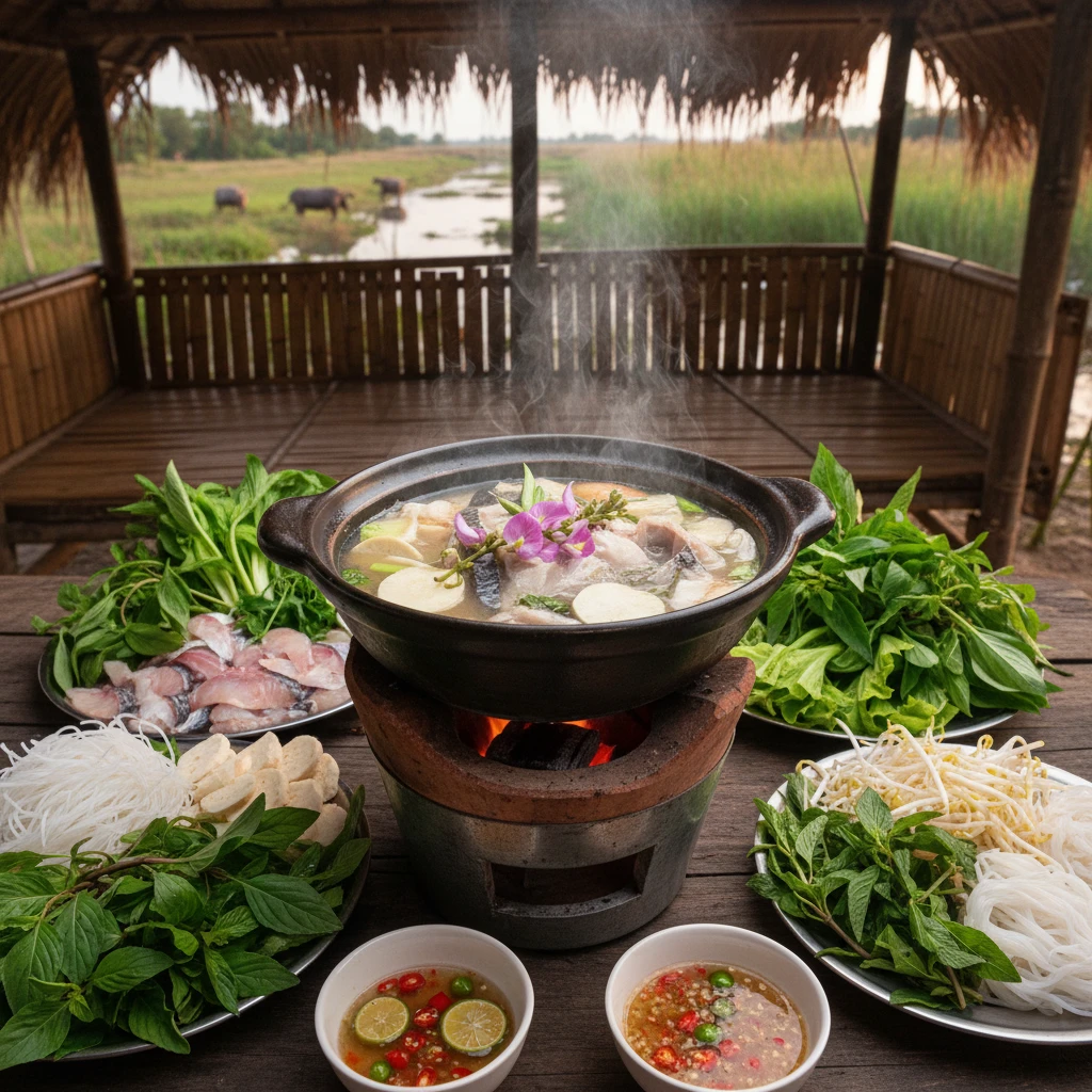 Lẩu mắm U Minh với cá đồng và rau tươi