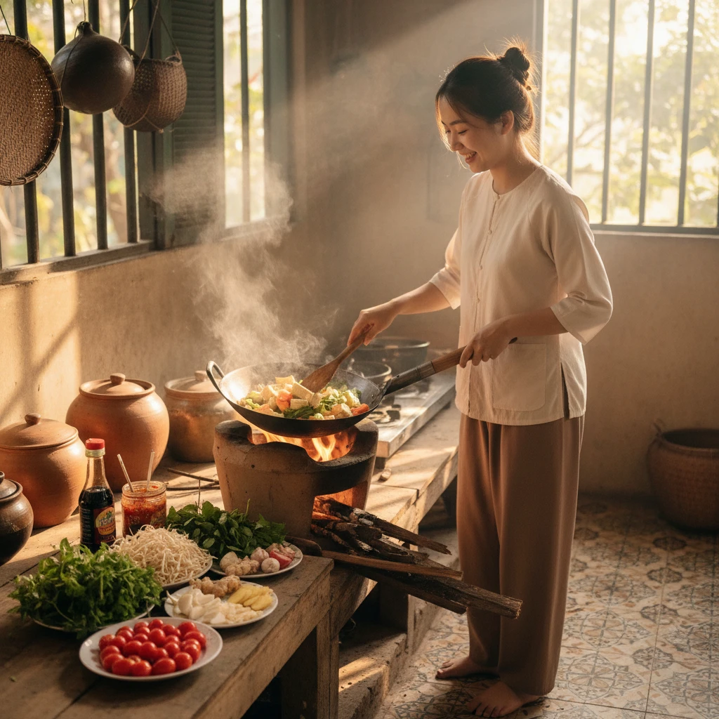 Người đang nấu món chay trong bếp Việt Nam