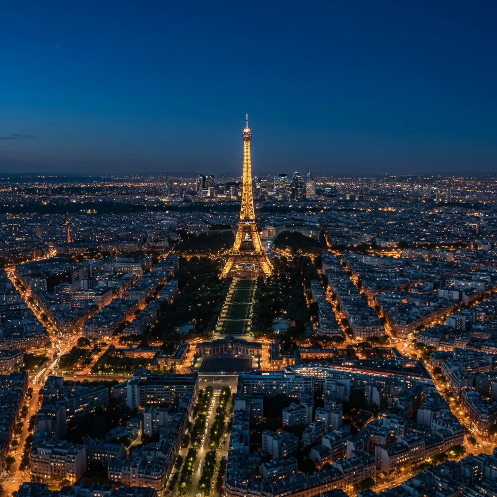 Paris về đêm với Tháp Eiffel lấp lánh ánh sáng.