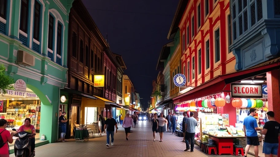 Phố cổ Jonker với các cửa hàng nhiều màu sắc và chợ đêm sôi động.