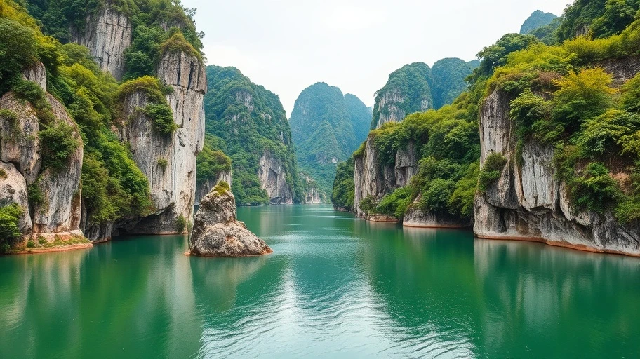 Phong cảnh Tràng An với núi đá vôi và sông nước.