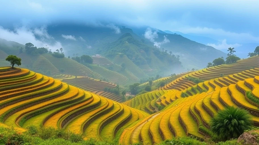 Ruộng bậc thang Sapa nổi bật trên nền núi