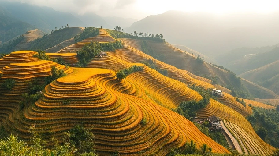 Ruộng bậc thang vàng óng ở Sapa tháng 8.