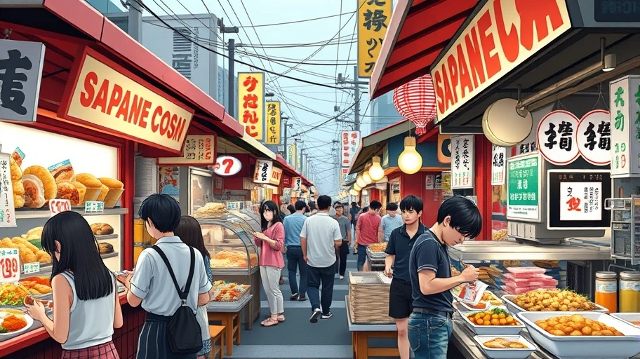 Street food stalls in Japan serving Takoyaki and more.