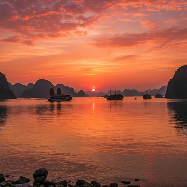 Thời điểm lý tưởng với hoàng hôn trên Vịnh Hạ Long.