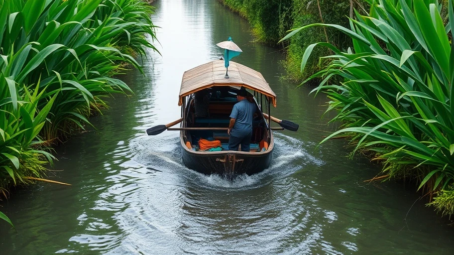 Thuyền gỗ truyền thống len lỏi qua kênh rạch miền Tây.