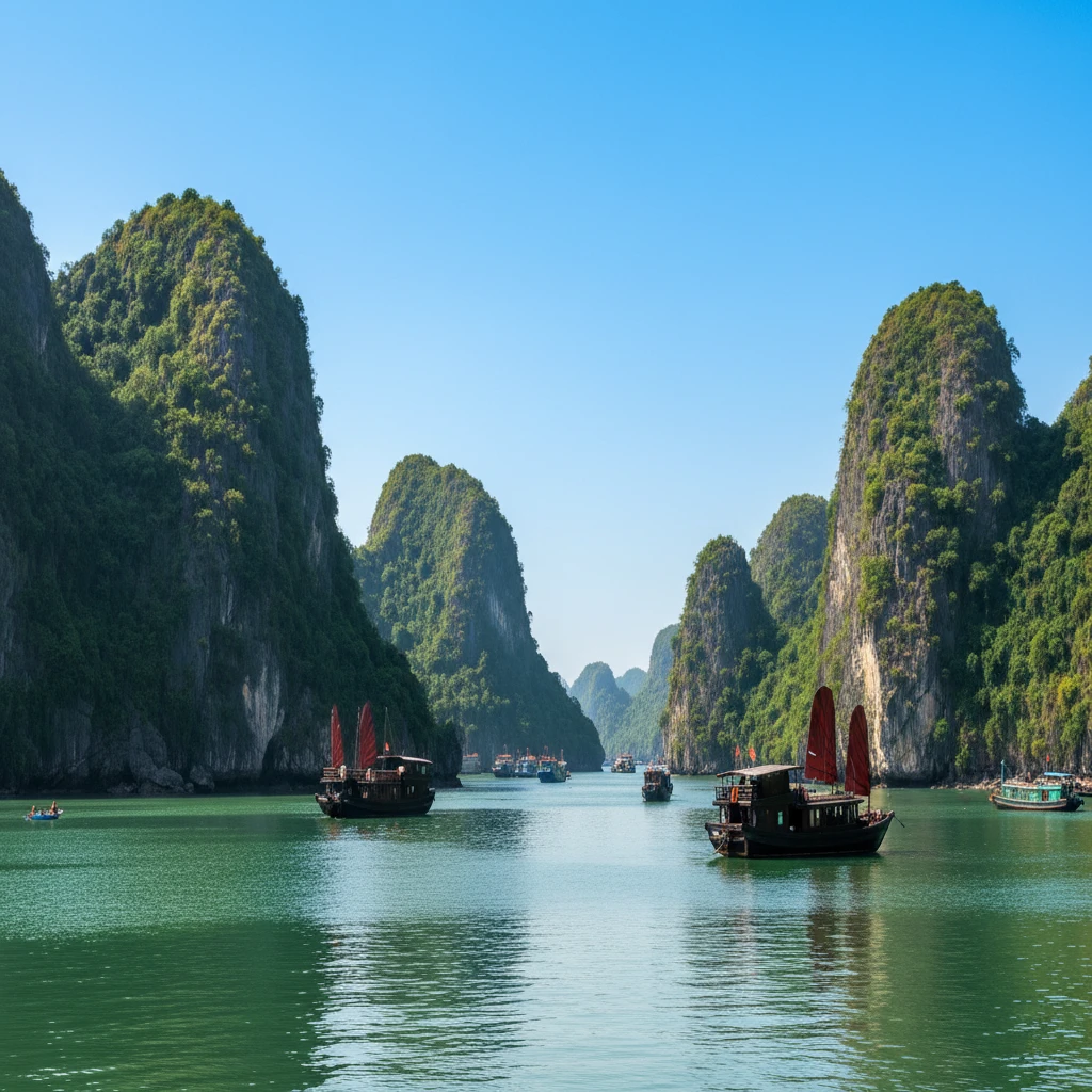Vịnh Hạ Long với các đảo đá vôi nổi bật
